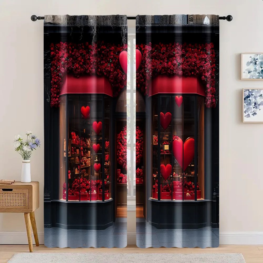 2pc,  Happy Valentine's Day Scene Curtains Romantic Confession Rose Fabric,Without Electricity Party Decorations Use for Holiday