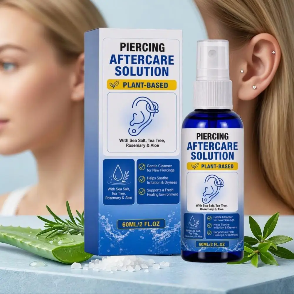 Portable Piercing Aftercare Cleansing Spray 60ml Fine Mist Plant‑Based Sea Salt Formula, Non‑Sticky Press‑Type Piercing Care