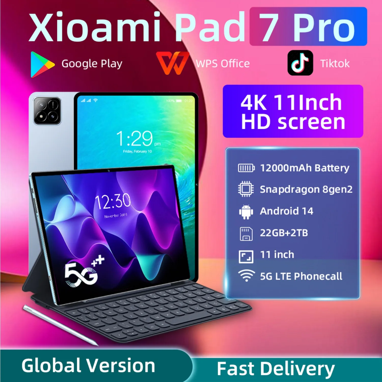 2025 Pad 7 Pro Оригинальный планшет 11 дюймов Snapdragon 8gen2 HD 4K Android 14 22 ГБ + 2 ТБ 20000 мАч 5G Dual SIM WiFi GPS Глобальная версия