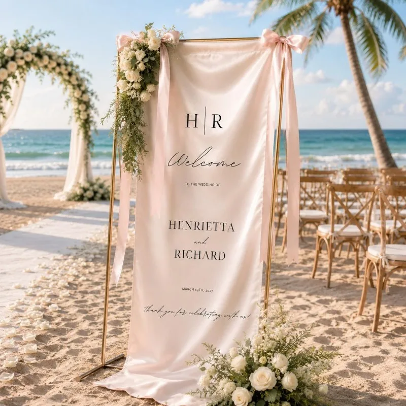 Custom Satin Wedding Welcome Sign with Pink Ribbon, Wedding Banner Ceremony Sign, Wedding Entrance, Bridal Shower Party Decor