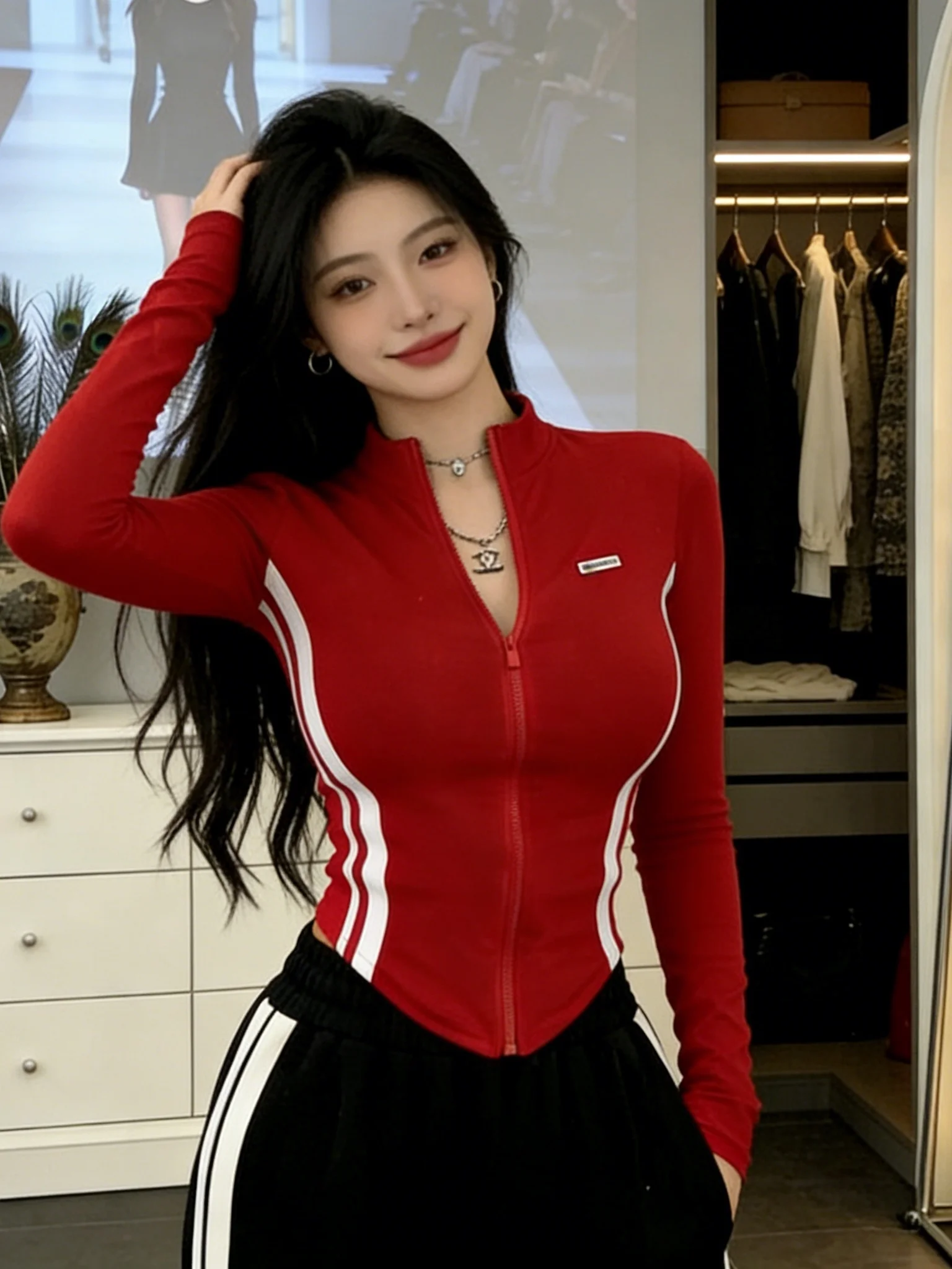 red-zipper-ort-jaet-women's-slim-fit-waist-cinched-trendy-top-american-sle-cotton-polyester-fiber-long-sve-stand-collar