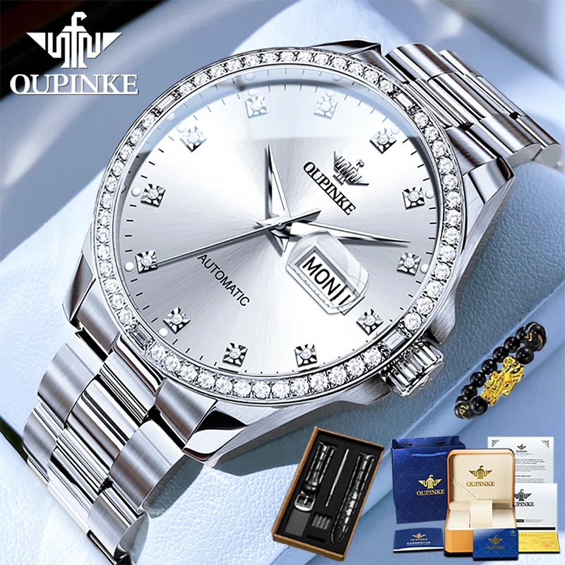 

OUPINKE 3261 Luxury Men Automatic Machinery Original Watch Stainless Steel Waterproof Business Diamond Double Calendar Men Watch