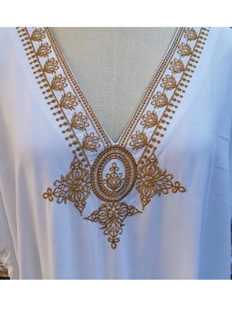 White Maxi Dress Swimsuit Cover Up V Neck Gold Embroidery Long Dress Robe Plage Kaftan Sarong Beachwear Pareo Cover-up