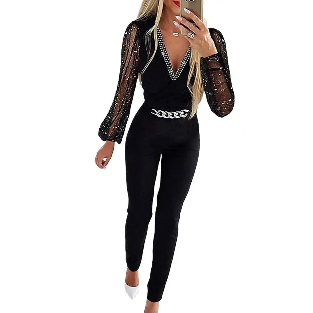 Women Formal Jumpsuit Elegant Rhinestone Mesh Chain Jumpsuit for Women Slim Fit V Neck High Waist Solid Color Formal Commute