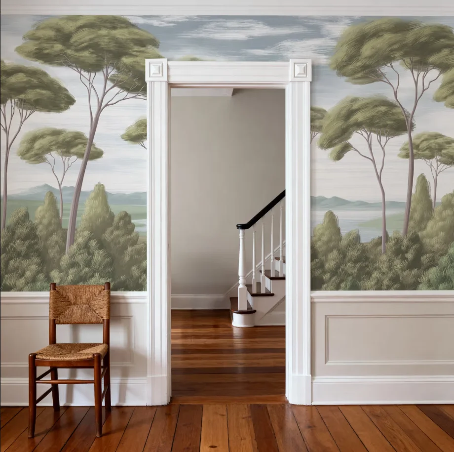 Customized mural painting with hand-painted tall trees, glacier blue, beige, gray oil painting effects, wallpaper decoration