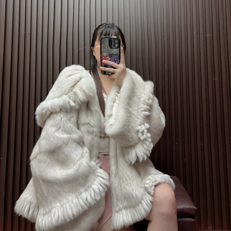 

Женская шуба из 100% натурального кроличьего меха, мягкая пушистая зимняя куртка, пальто, модная уличная одежда, корейская Casaco Feminino