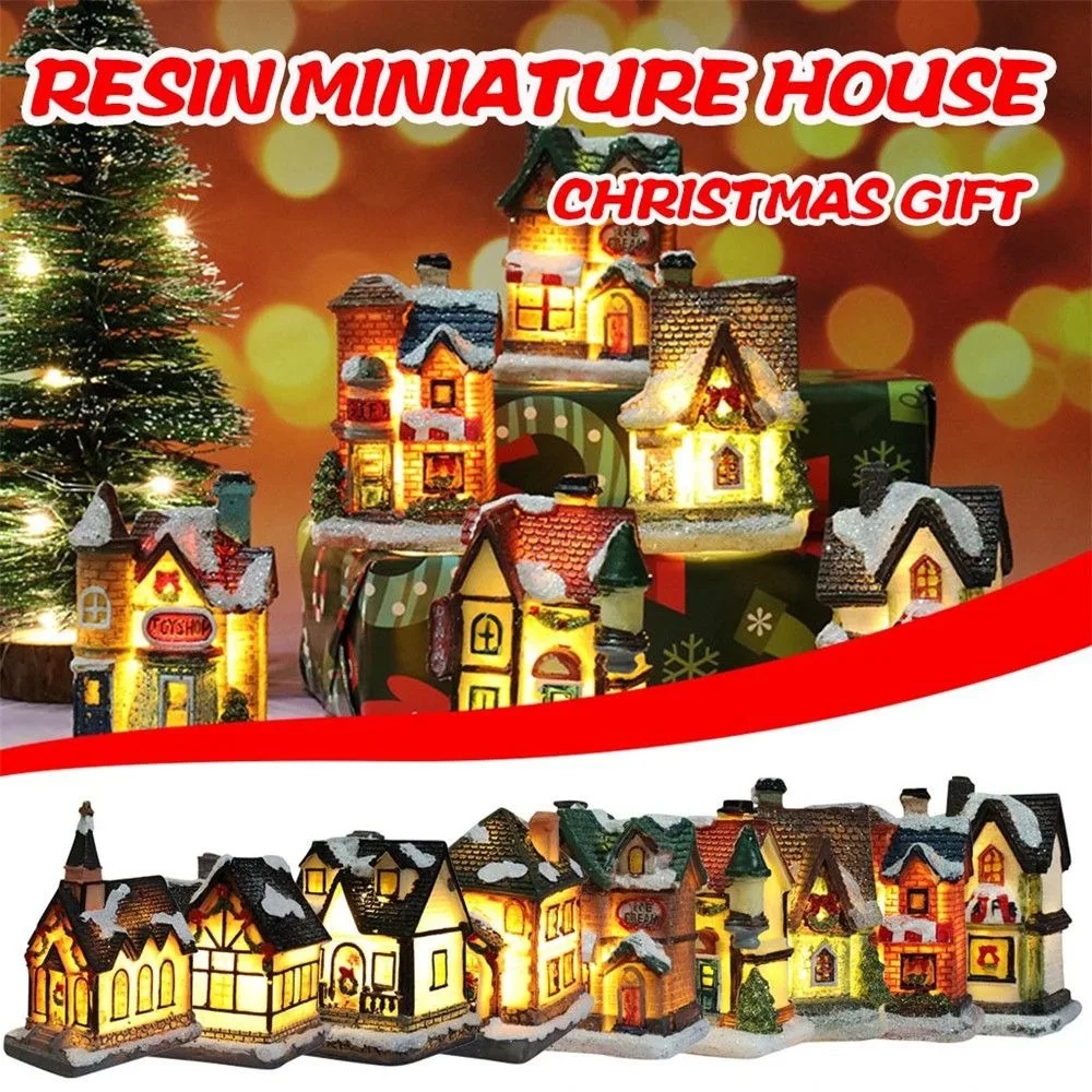 Casa de luz navideña de resina, casa en miniatura LED, pueblo navideño, muebles Kerstdorp, adornos navideños para fiesta de Navidad