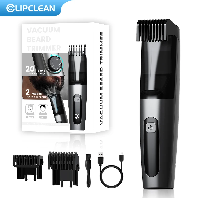 Vacuum Beard Trimmer for Men, Electric Hair Clipper with Built-in Vacuum, 20 Adjustable Lengths 1-20mm, 2 Suction Modes