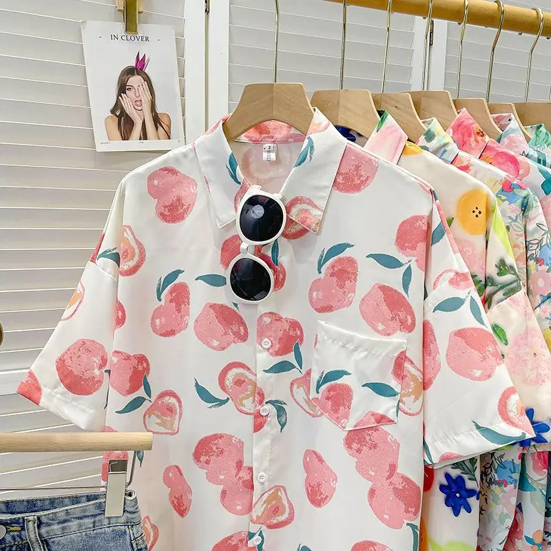 Vacation Summer New Short Sleeve Printing Loose Youth Blouse Polo Neck Floral Casual Shirt Tops Vintage Fashion Women Clothing