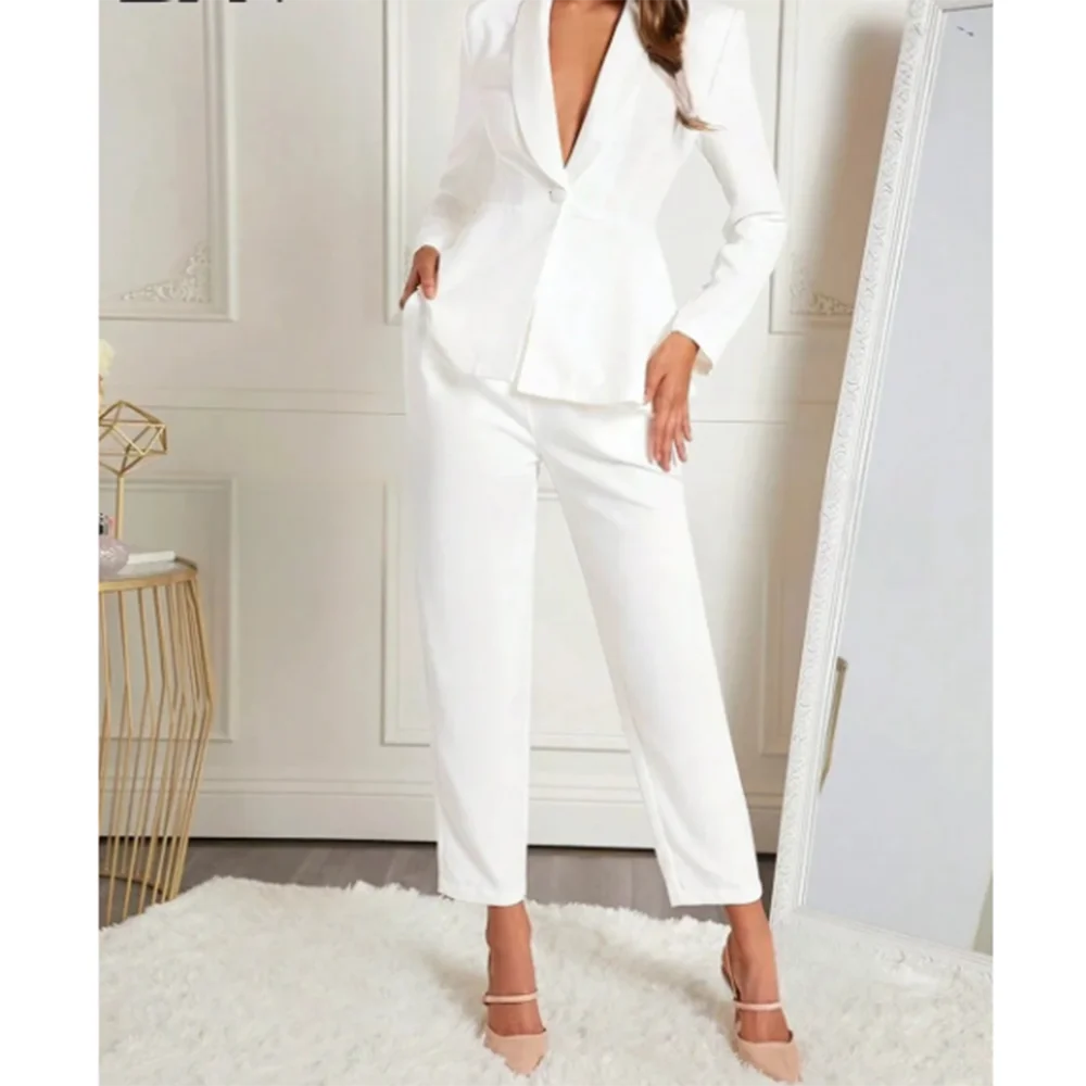 

Elegant White Women Suit Single Breasted Two piece Jacket Pants Female Clothing Slim Fit Formal Smart Office Lady Blazer Set