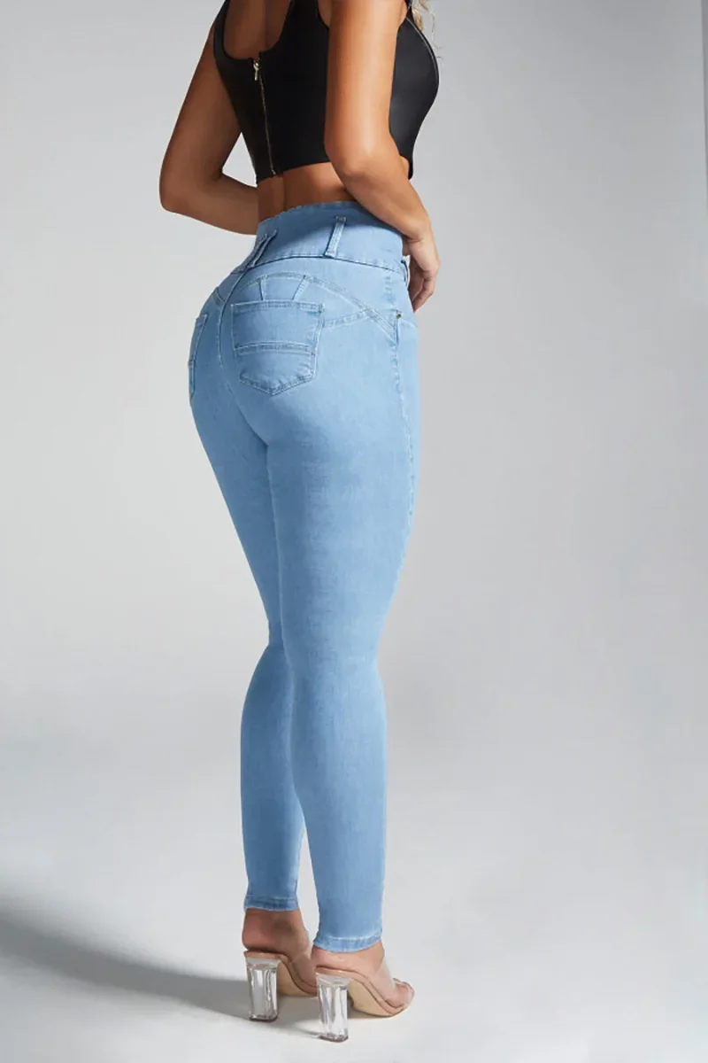 Calça jeans lápis de cintura alta feminina com três botões, calças jeans slim fit stretch, moda feminina, emenda, 2023