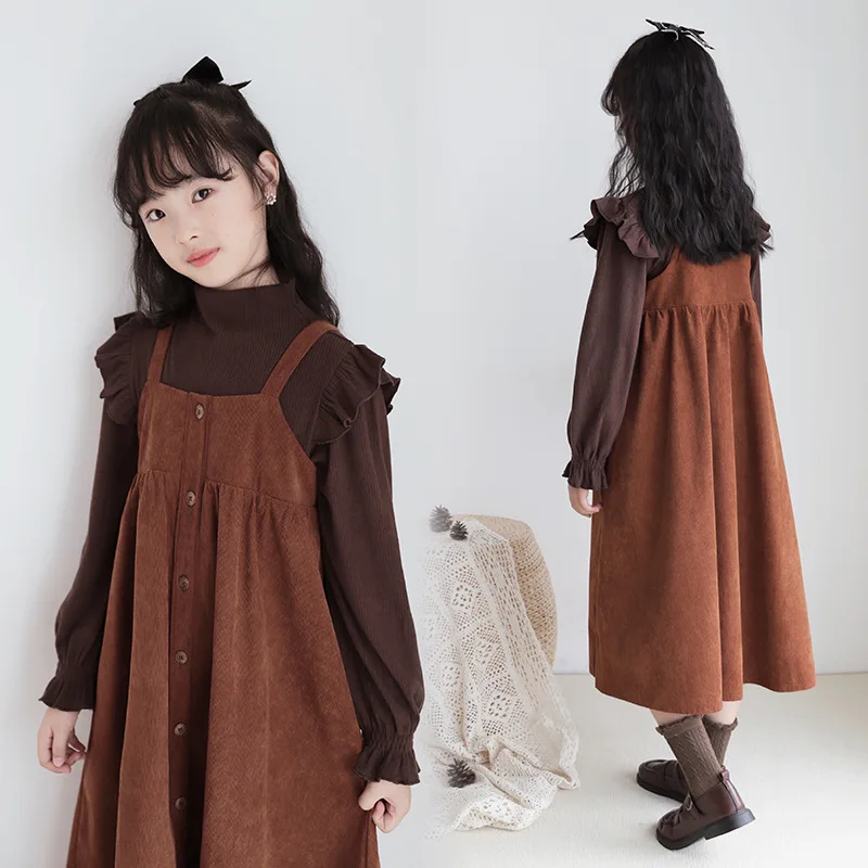 Korean Spring Autumn Children Girl 2-Piece Sets Junior Girl High Collar Undershirt+Corduroy Suspender Skirt Girls Set 4-12Yrs