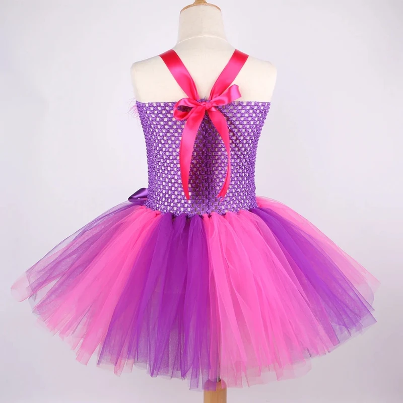 Cartoon Magic Striped Cheshire Cat Tutu Dress Set Girls Halloween Carnival Party Dress New Hot Purple Cat Kids Wonderland Outfit view 6