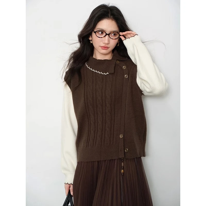 ALXNAN Braune Pullover für Damen, gefälschte zweiteilige Farbblock-Patchwork-Knopfpullover, atmungsaktiv, bequem, gestrickte Oberteile, L57733