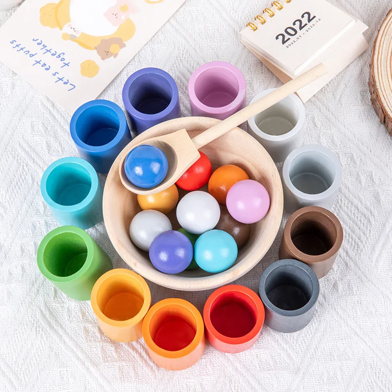 

Wooden Children's Puzzle Early Education Fun 12 Color Ball and Cup Color Classification Clip Bead Color Cognition Matching Toy