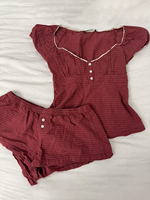 Red Plaid Short Sleeve T-shirt Women Summer Three Buttons Lace-up Puff Sleeve Tee Shirts Sweet Chic Vintage Tops Tees Y2k New