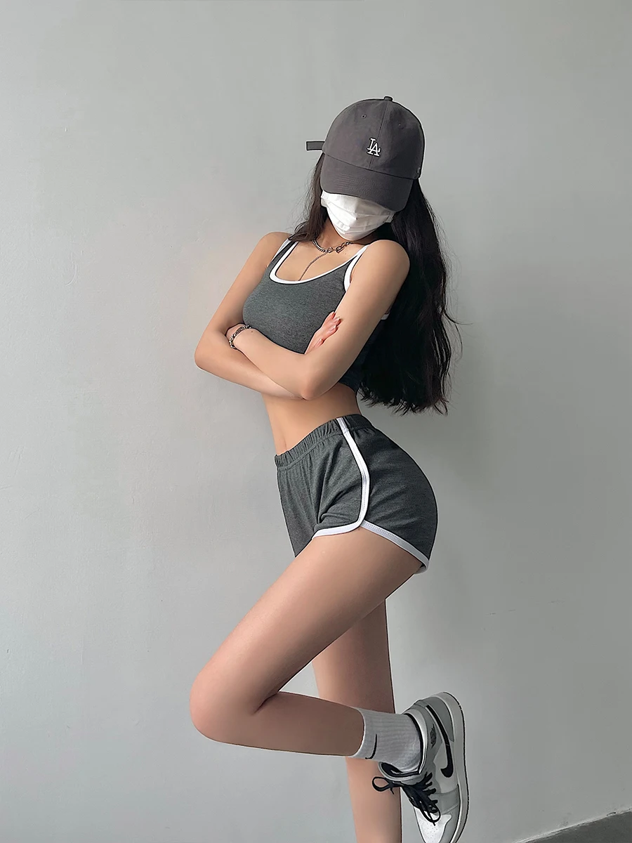 

Faionable American Sle ort Crop Top и комплект с высокой талией для молодых девушек, летняя повседневная спортивная одежда контрастного цвета