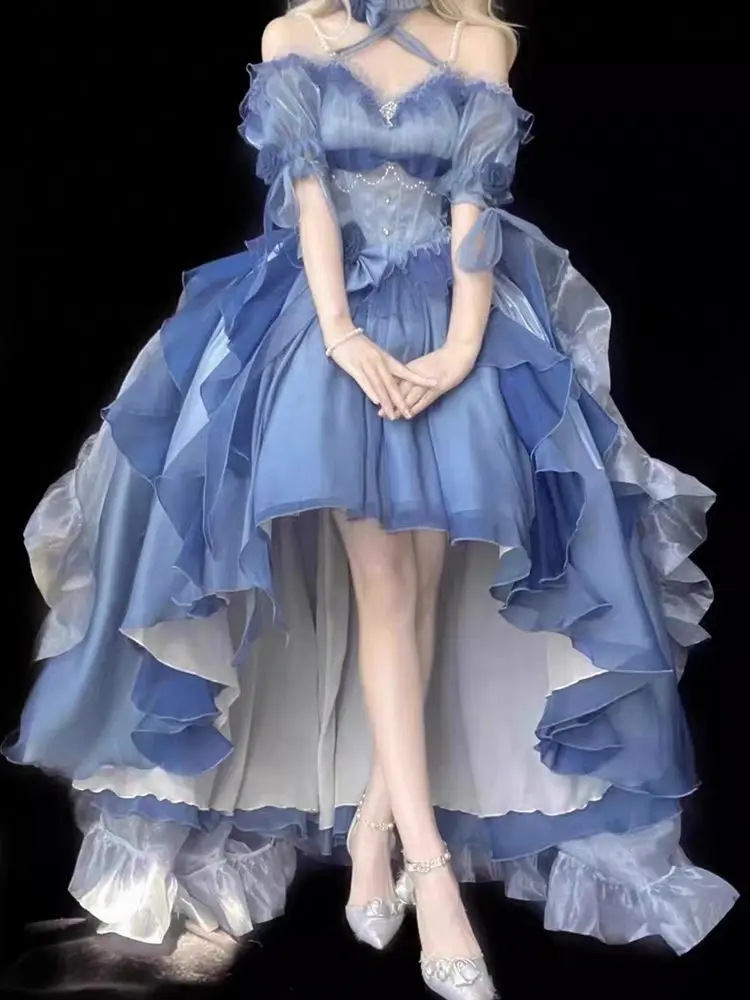 Japan Cosplay Lolita Style Pettiskirt Short Front And Long Back Dress Blue Women'S Formal Dress 2024 New