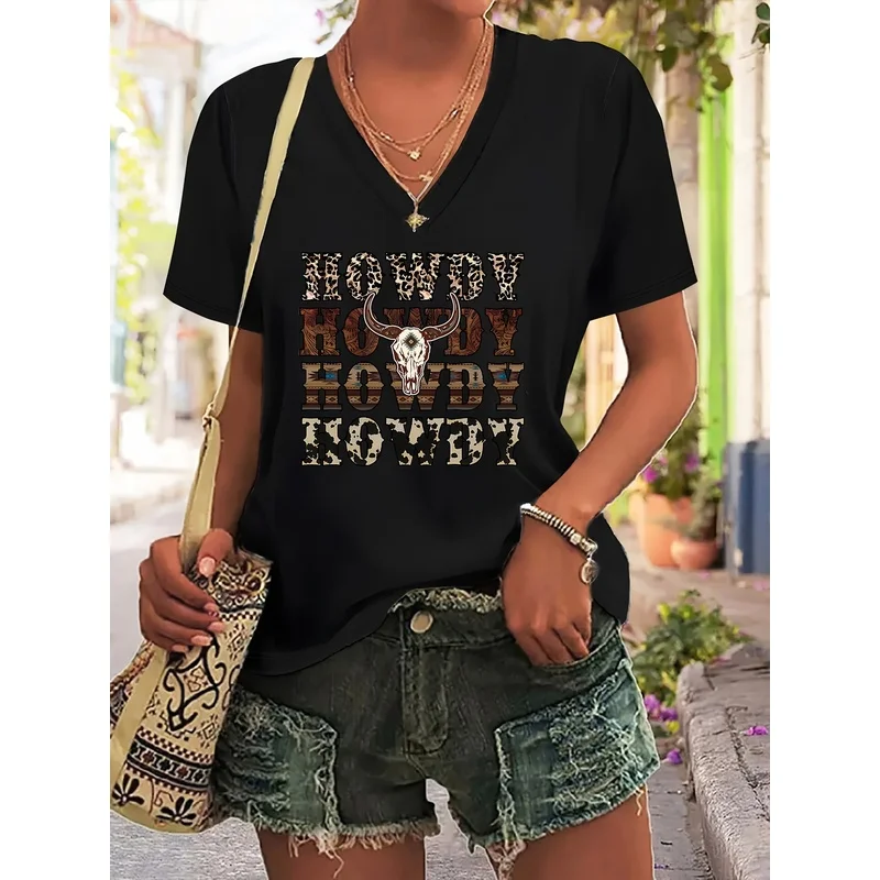 Plus Size - New Summer Fashion for Plus-Size Women Featuring a Black V-Neck Printed T-Shirt with a Retro Western Cowboy Theme