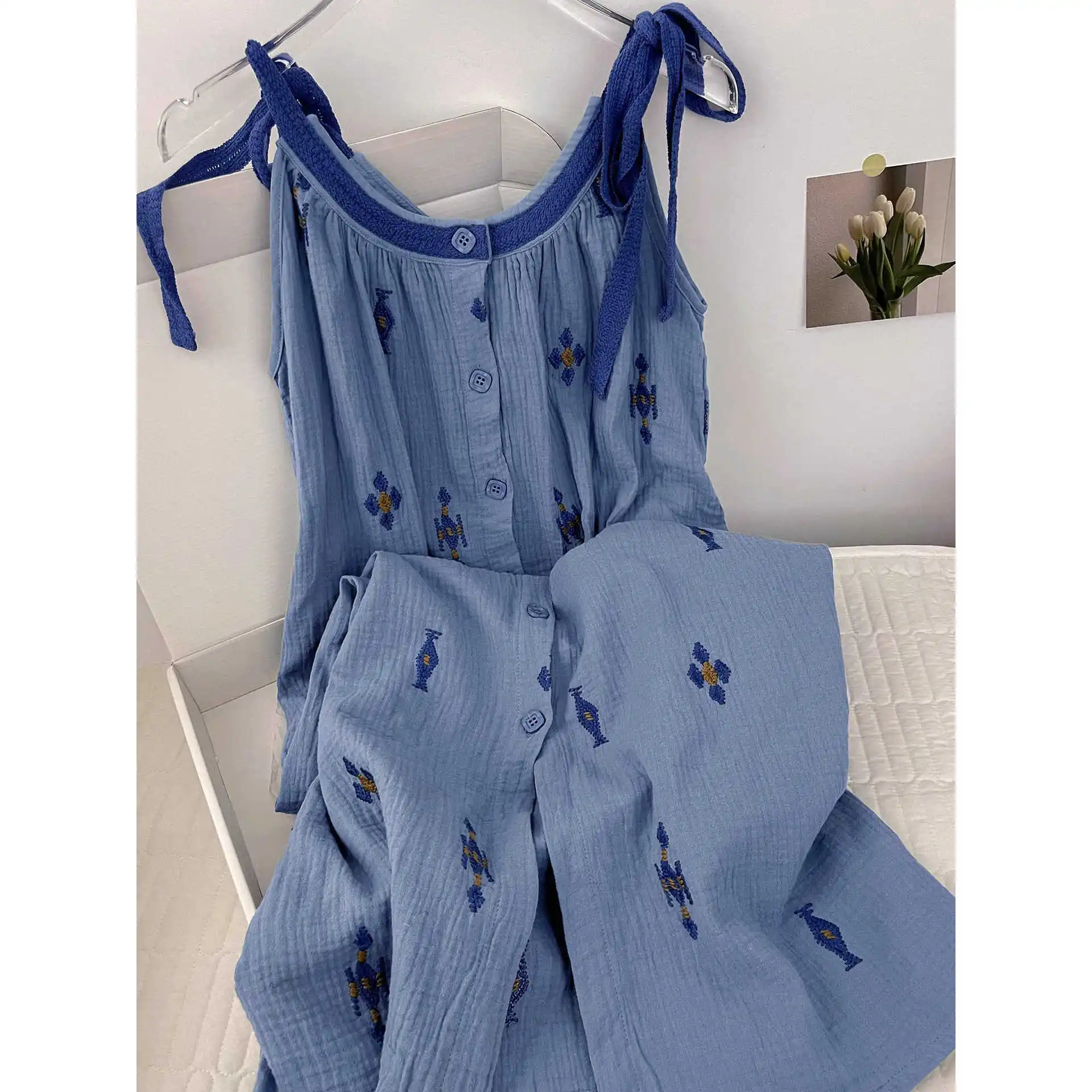 

Summer Blue Nightgown Sleeping Dress Women's Cute Home Clothes Strapless Dress Loungewear Girls Outerwear Long Dress