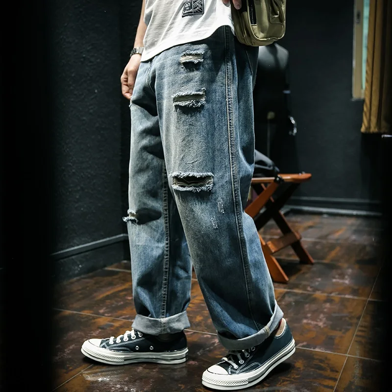 

Summer Thin Straight Leg Jeans Men's Loose Casual Wide Leg Pants American High Street Style Jeans Casual Loose Fit