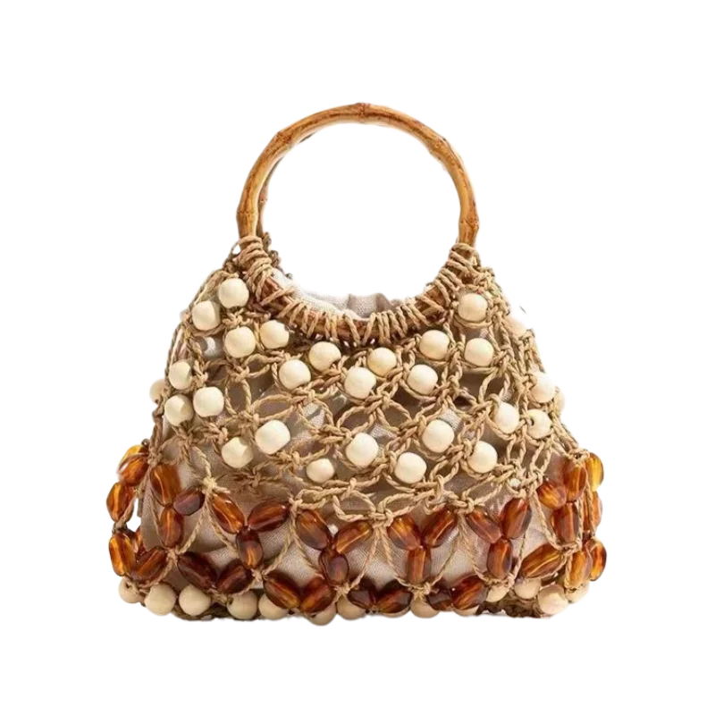 Vintage Women's Beaded Crochet Shoulder Bag Top Handle Hollow-Out Summer Beach Vacation Bohemian