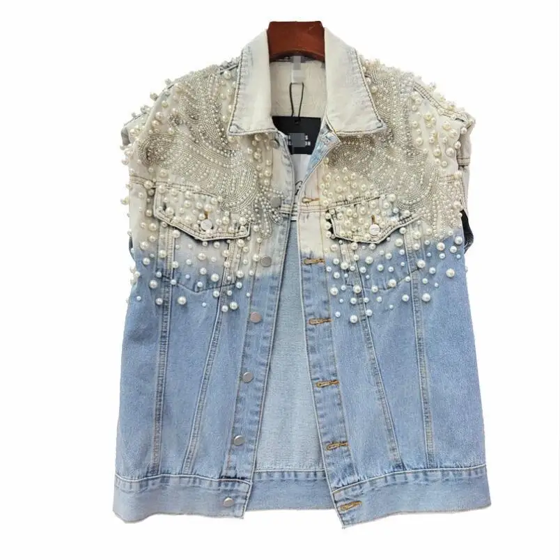 Perlen Perle Große Tasche Tie Dye Kontrast Farbe Denim Weste Frauen Lose Cowboy Weste Mode Ärmellose Jeans Jacke w585