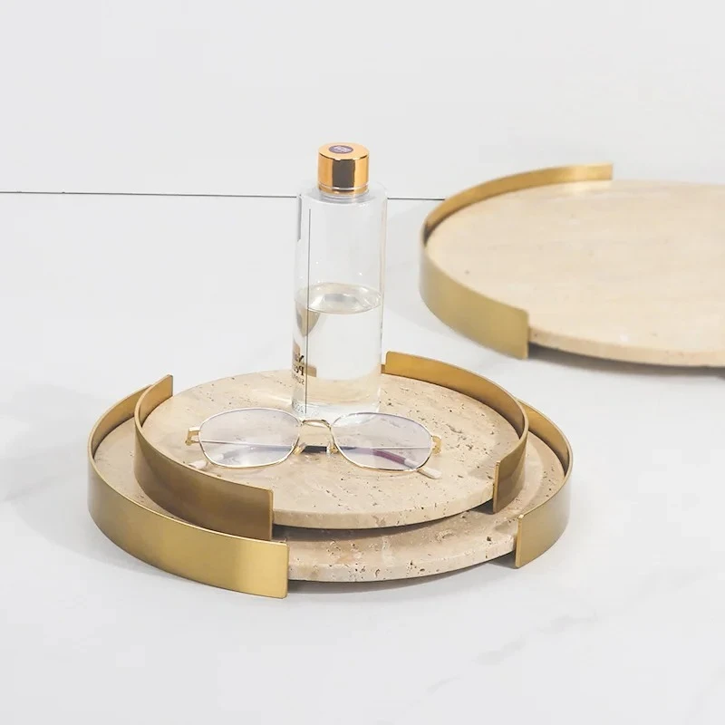 

Travertine Jewelry Display Tray with Metal Frame - Round Beige Classical Stone Serving Plate Hotel Service, Home Decor