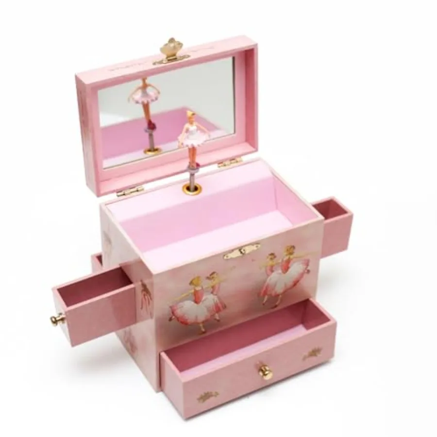 

Ballet Friends Musical Jewelry Box for Girls Spins to Swan Lake 4 Pullout Drawers Dog and Ballerina Treasure Storage