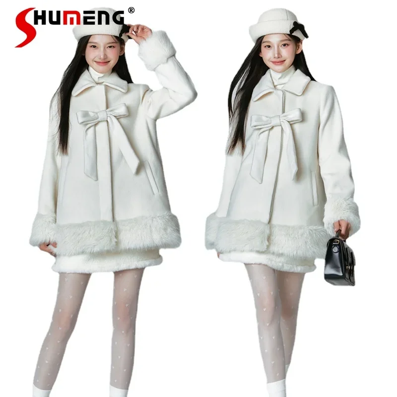 

Socialite Style White Short Temperamental Coat Bow Woolen Jacket Women's Clothes Long Sleeve Plush Stitching Quilted Top Outwear