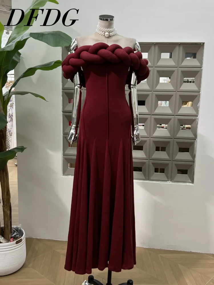 

DFDG Women’s Handmade Cable Knit Off-Shoulder Maxi Dress Strapless Evening Gown Breathable Spring Summer Evening Party 2025