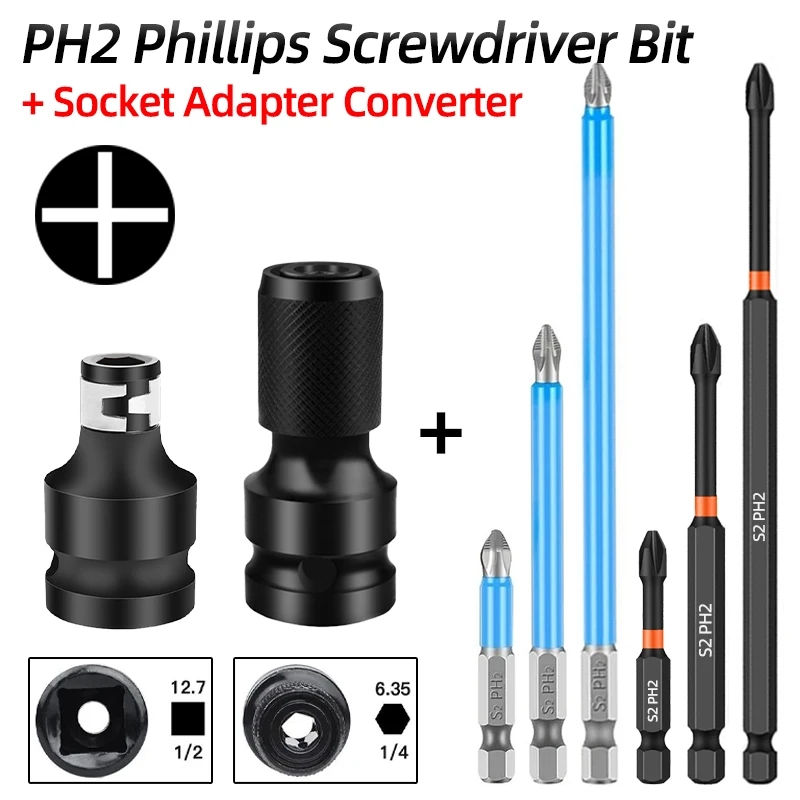 PH2 Phillips Screwdriver Bits Cross Head Magnetic 50/100/150mm Hand Tool 1/2” Square To 1/4” Hex Wrench Socket Adapter Converter