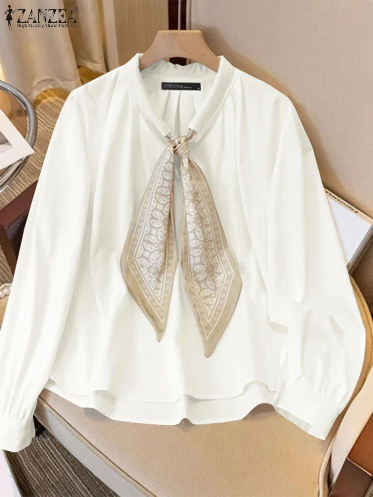 

ZANZEA Women Autumn Bowtie Neck Blouse 2025 Office Lady Long Puff Sleeve Tops Elegant Holiday Shirts Chic Fashion Tunic Blusas