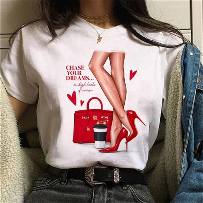 Luksusowa moda Wysokie obcasy Buty Nadruk Kobiety T Shirt Lato Śmieszne 90s Hip Hop Punk T Shirt Hipster Streetwear T-shirt Odzież
