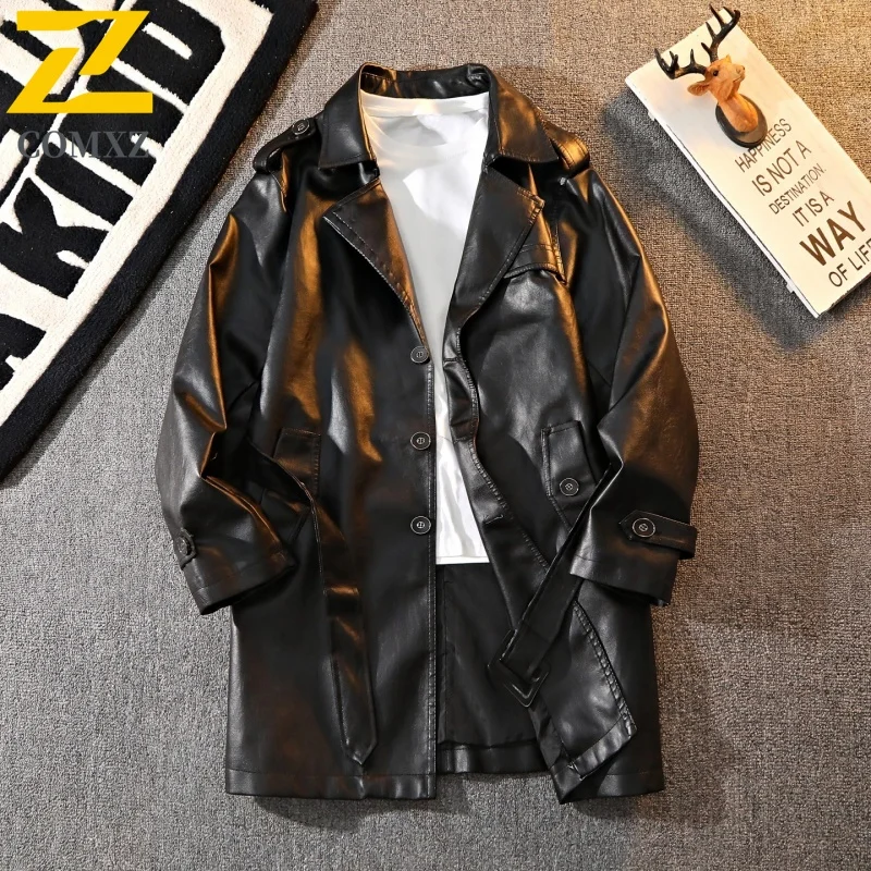 

COMXZ Mens PU Leather Jacket Classic Turndown Collar Outdoor Sport Windproof Coat Premium Fashion Streetwear New TrenchCoat​
