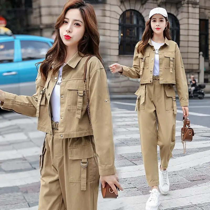 Women\'s Autumn New Casual Tracksuit Matching Set 2024 Korean Chic Long Sleeved Jacket+Cargo Pants 2 Piece Female Sportwear Suit