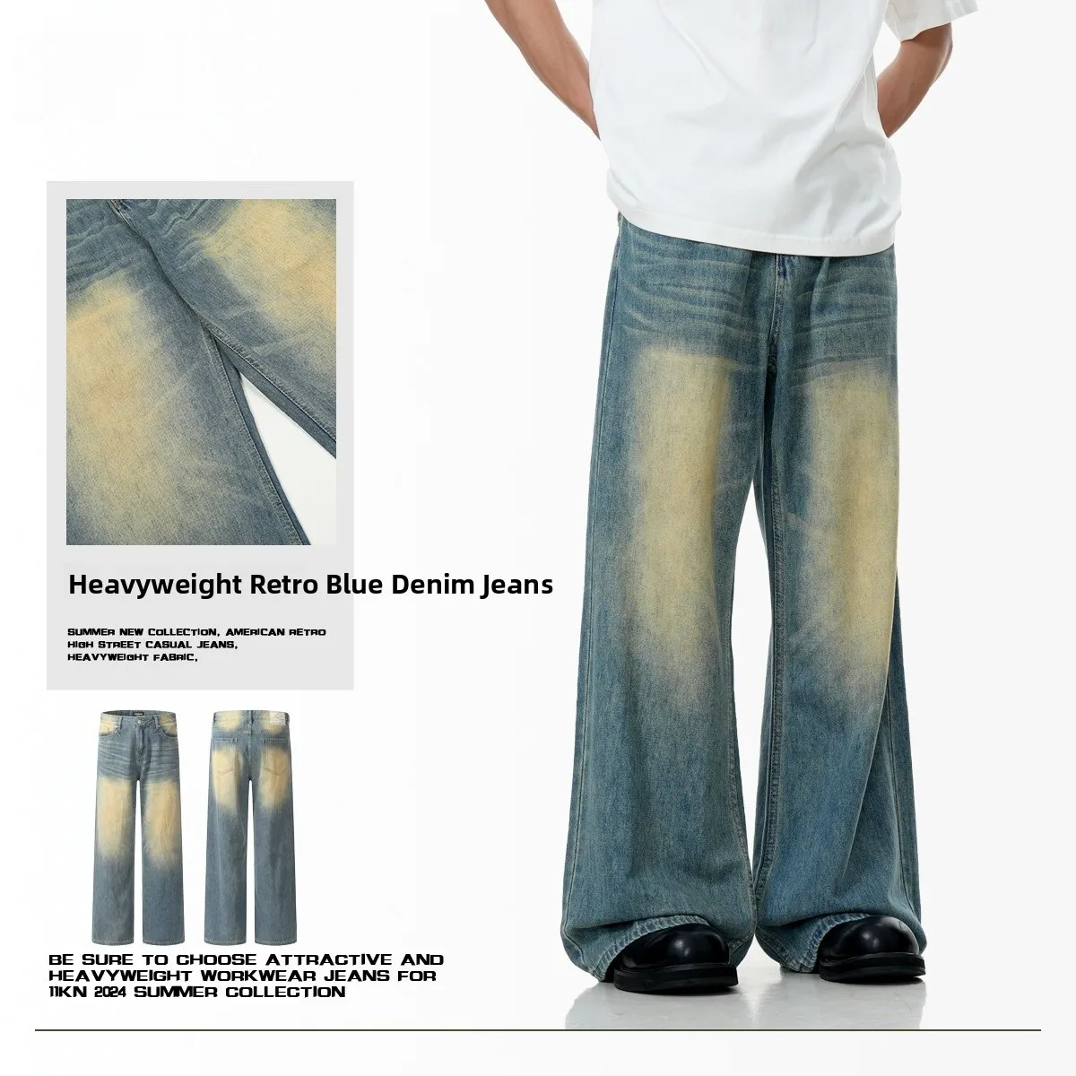 

Retro Waed American Sle Loose Straight Leg Men's Jeans Blue Cotton Blend Long Trousers Trendy Floor-Length Wide Leg Pants