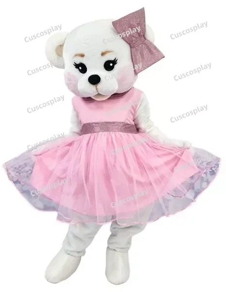 

Pink Dress Teddy Bear Mascot Costume White Bear Character Amusement Parkfunfair Animation Fancy Dress Halloween Party