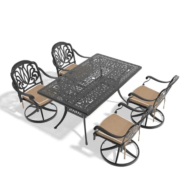 5-Piece Outdoor Cast Aluminum Dining Set with 4 Swivel Chairs and Rectangular Table, Black Frame