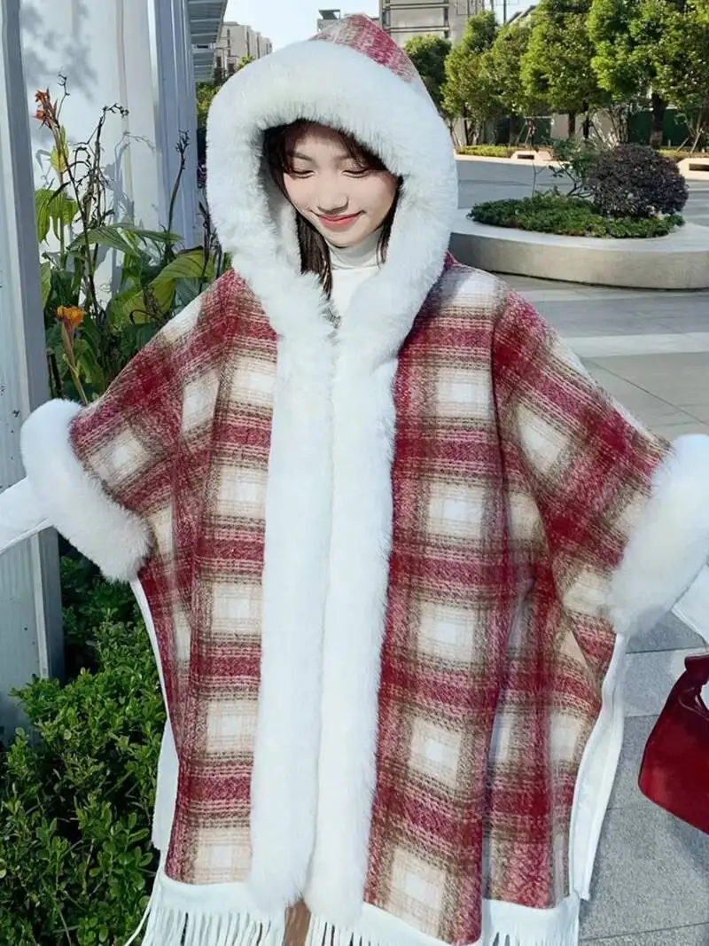 

Зимняя накидка из смеси шерсти с утолщенной подкладкой, пальто с капюшоном, элегантное красивое женское праздничное платье из искусственного меха с длинными кисточками, накидки на плащ