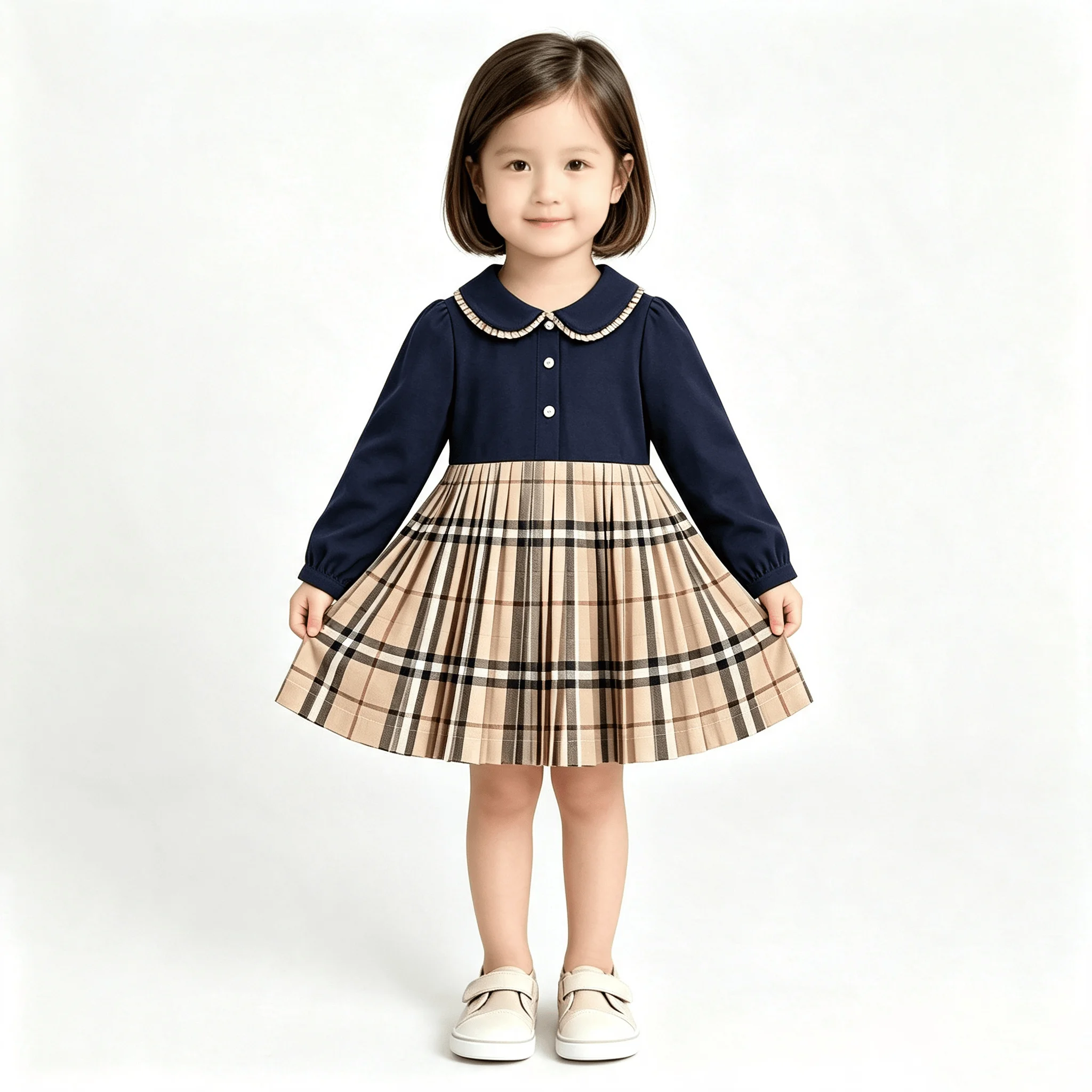 Girls Long Sleeve Dresses Luxury Designer Plaid Pattern Casual Cotton Children Luxury Birthday Dress for Kid Girls Pleated Cloth