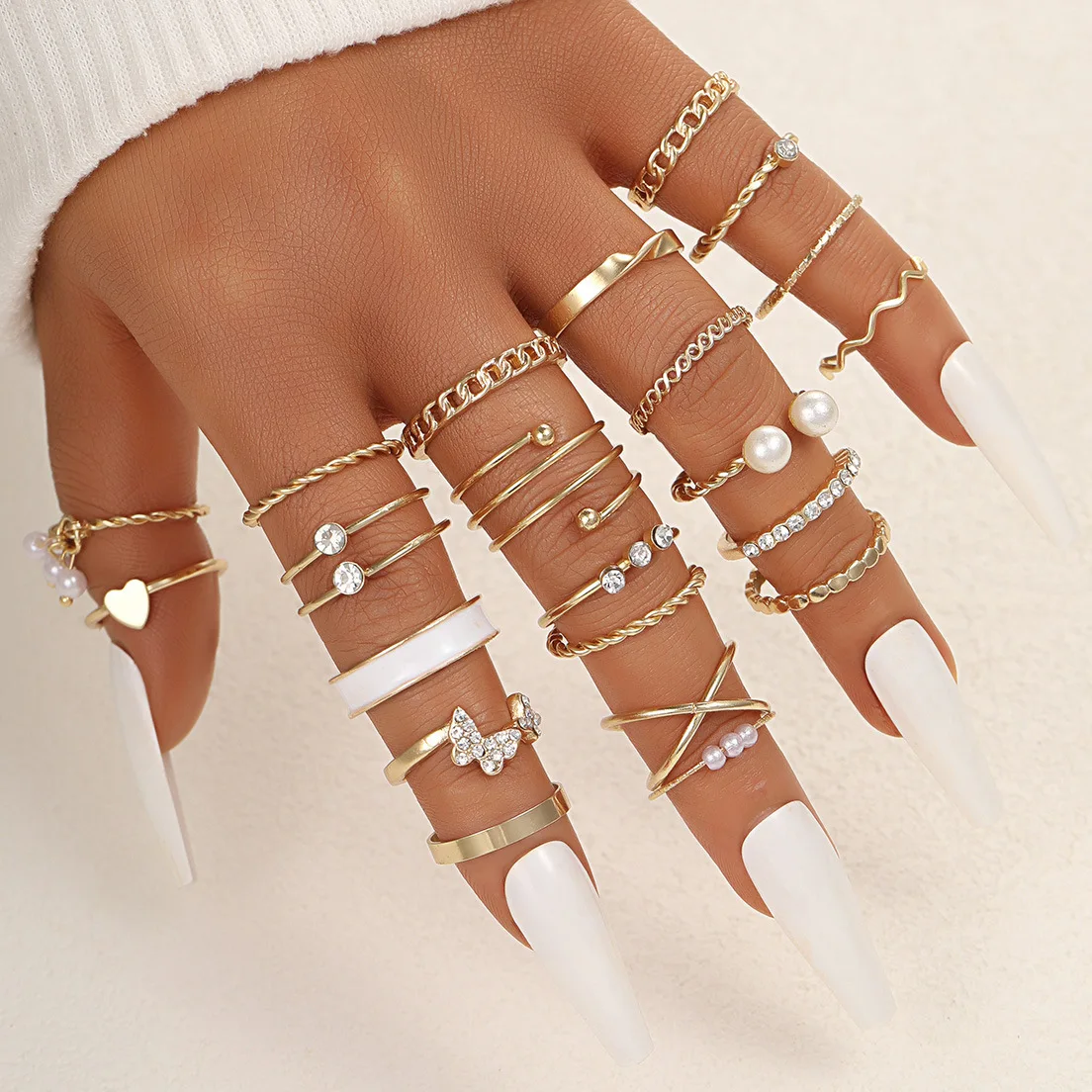 22 Piece Set of European and American Niche Versatile Exquisite Drip Oil Wave Ring Multi Joint Ring Set Love Geometric Ring