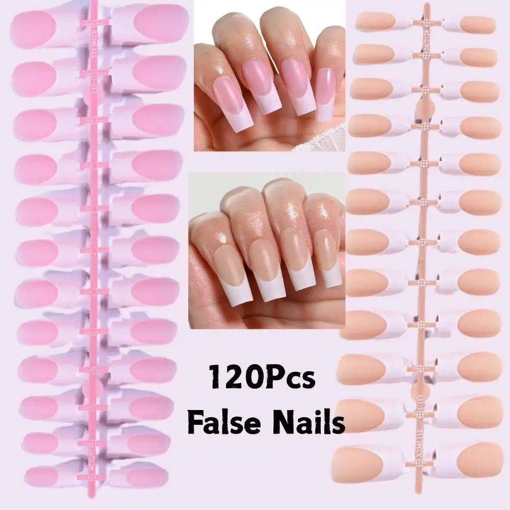 عارية الوردي الصحافة على الأظافر وهمية الفرنسية طويلة مربع اضغط على الأظافر بسيطة غطاء كامل الوردي الأبيض وهمية مسمار DIY بها بنفسك مانيكير الاصطناعي #1
