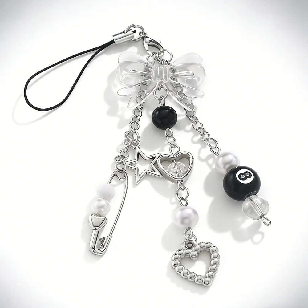 New Sweet and Spicy Y2K Phone Charm Bow Heart Star Keychain Metal Bracelet Beaded Keychain Black 8 Phone Chain Bag
