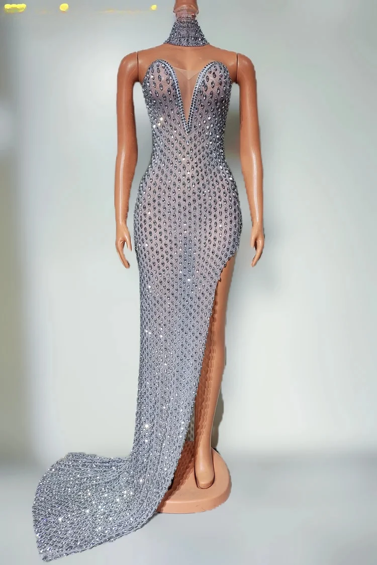 Nightclub Bar Performance Costume Low Cut Tight Fitting Sexy Deep V Full Diamond Side Slit Floor Length Skirt