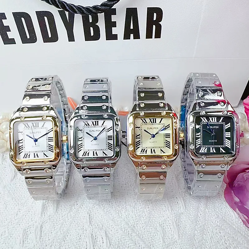 ساعات نسائية بحزام فولاذي على شكل مربع، ساعات كاجوال عصرية، ساعات نسائية من الفولاذ المقاوم للصدأ، إكسسوارات نسائية