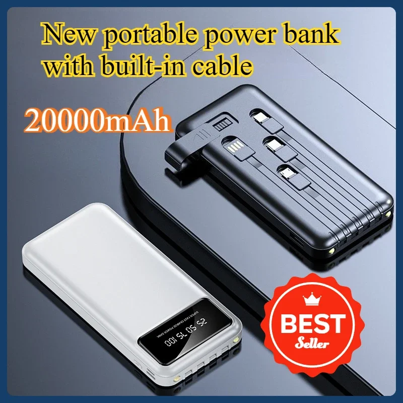 New Mini Portable Power Bank with Built-in Cable 20000mAh High Capacity Mobile Power Supply