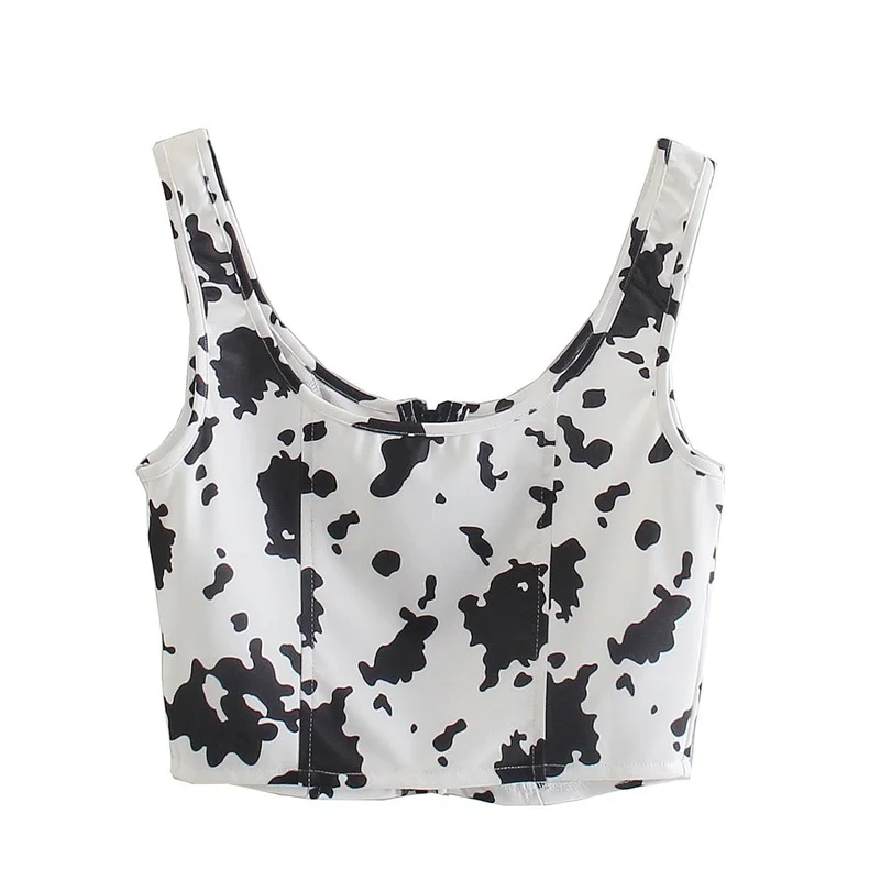 2023 New Women Summer Crop Top Cow Spots Printing Tops Fashion Y2k Lady Woman Sexy Zip Up Tank Top Casual Chic White Camisole