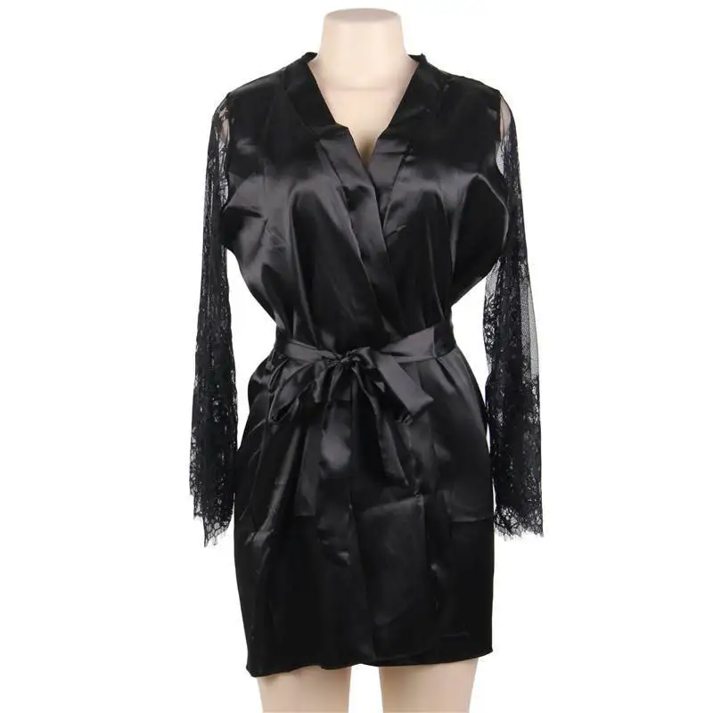 Big Size Women's Faux Silk Robe Set Transparent V Neck Sleepwear Nightgown Plus Size Sexy Babydoll Lingerie with Panties