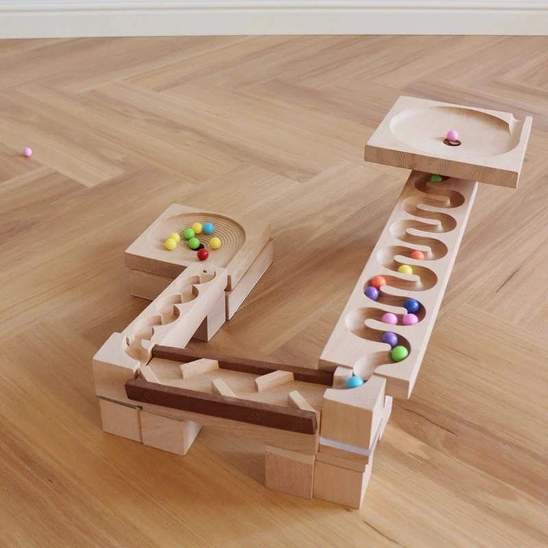 Children'S Early Education Educational Toys Beech Solid Wood Sliding Ball Raceway Building Block Marble Track Logic Training